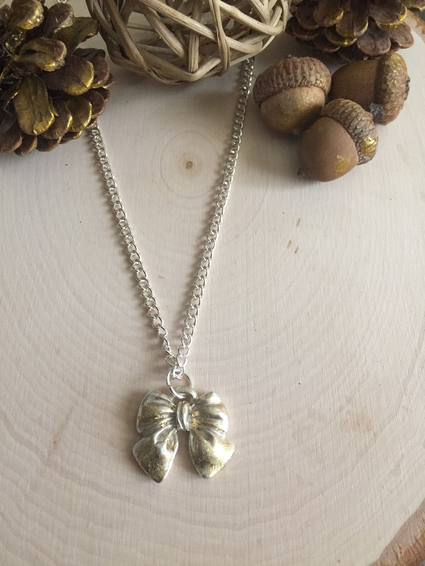 Keum -boo (Silver &Gold) Ribbon Bow Necklace, Art Clay Silver Jewelry Handmade, Fine Silver, .999 Pure Silver with 24K gold sheet