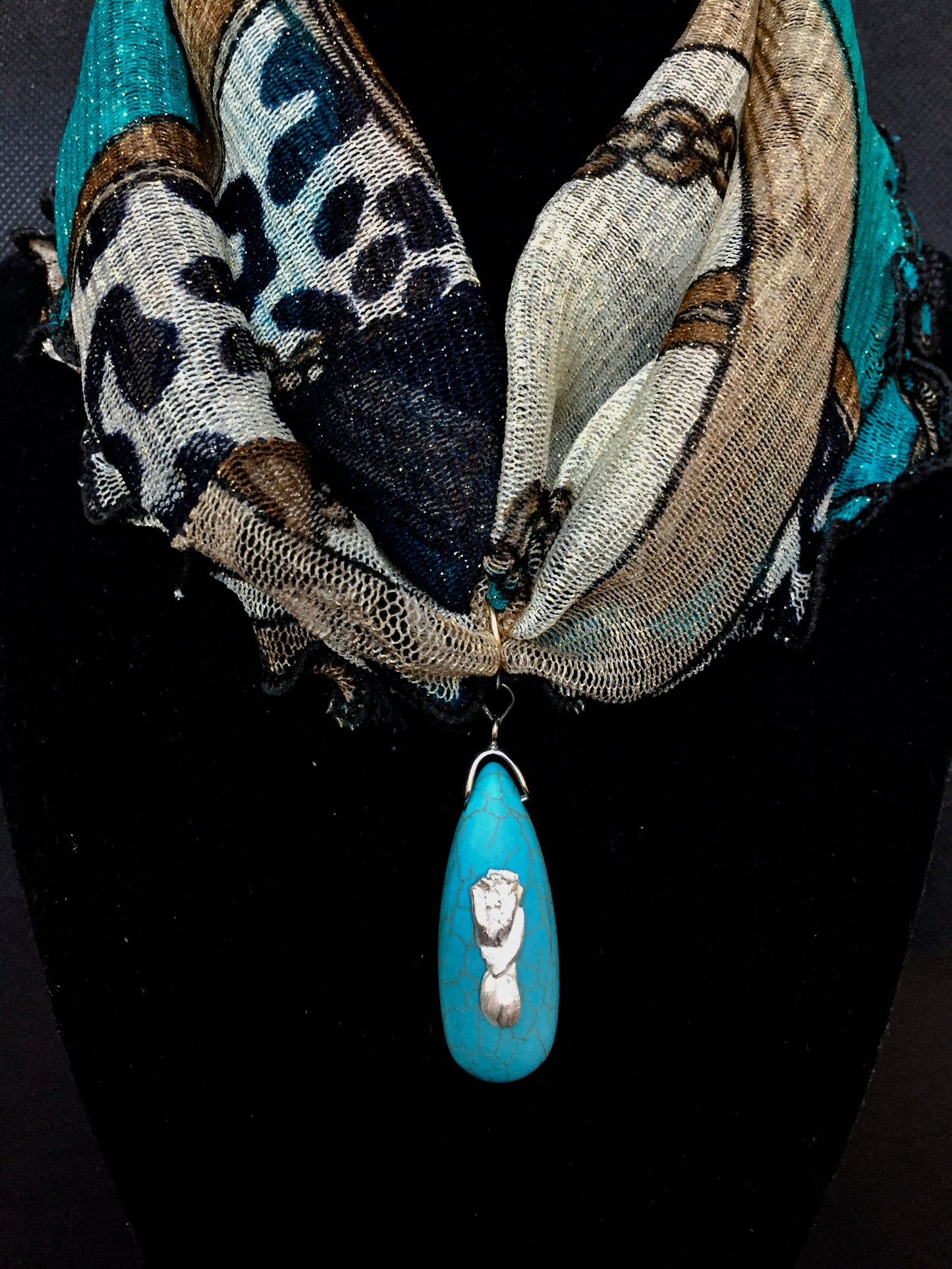 Silver Art Clay Tulip flower with Elegant Ruffle Turquoise Necklace. Art Clay Silver Jewelry Handmade, Fine Silver, .999 Pure Silver.