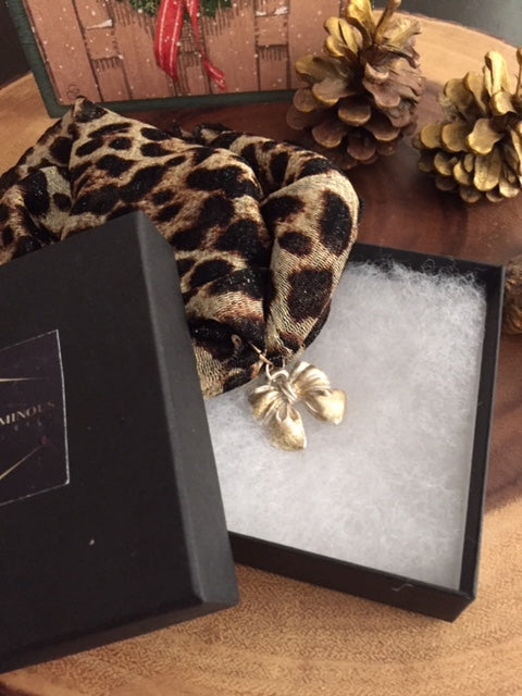 Keum -boo (Silver &Gold) Ribbon Bow with Elegant Ruffle Design Necklace, Art Clay Silver Jewelry Handmade, Fine Silver, .999 Pure Silver with 24K gold sheet .