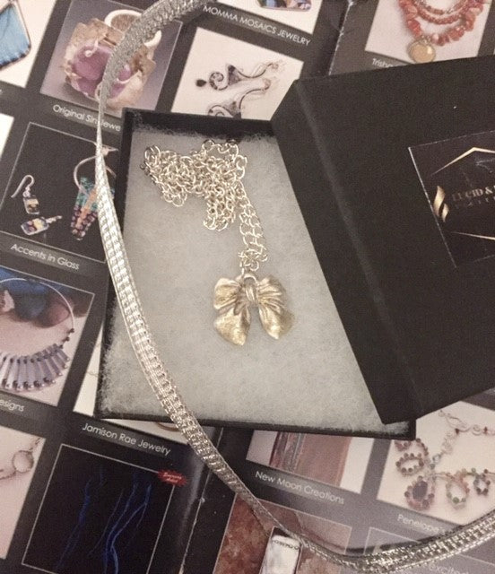 Keum -boo (Silver &Gold) Ribbon Bow Necklace, Art Clay Silver Jewelry Handmade, Fine Silver, .999 Pure Silver with 24K gold sheet .