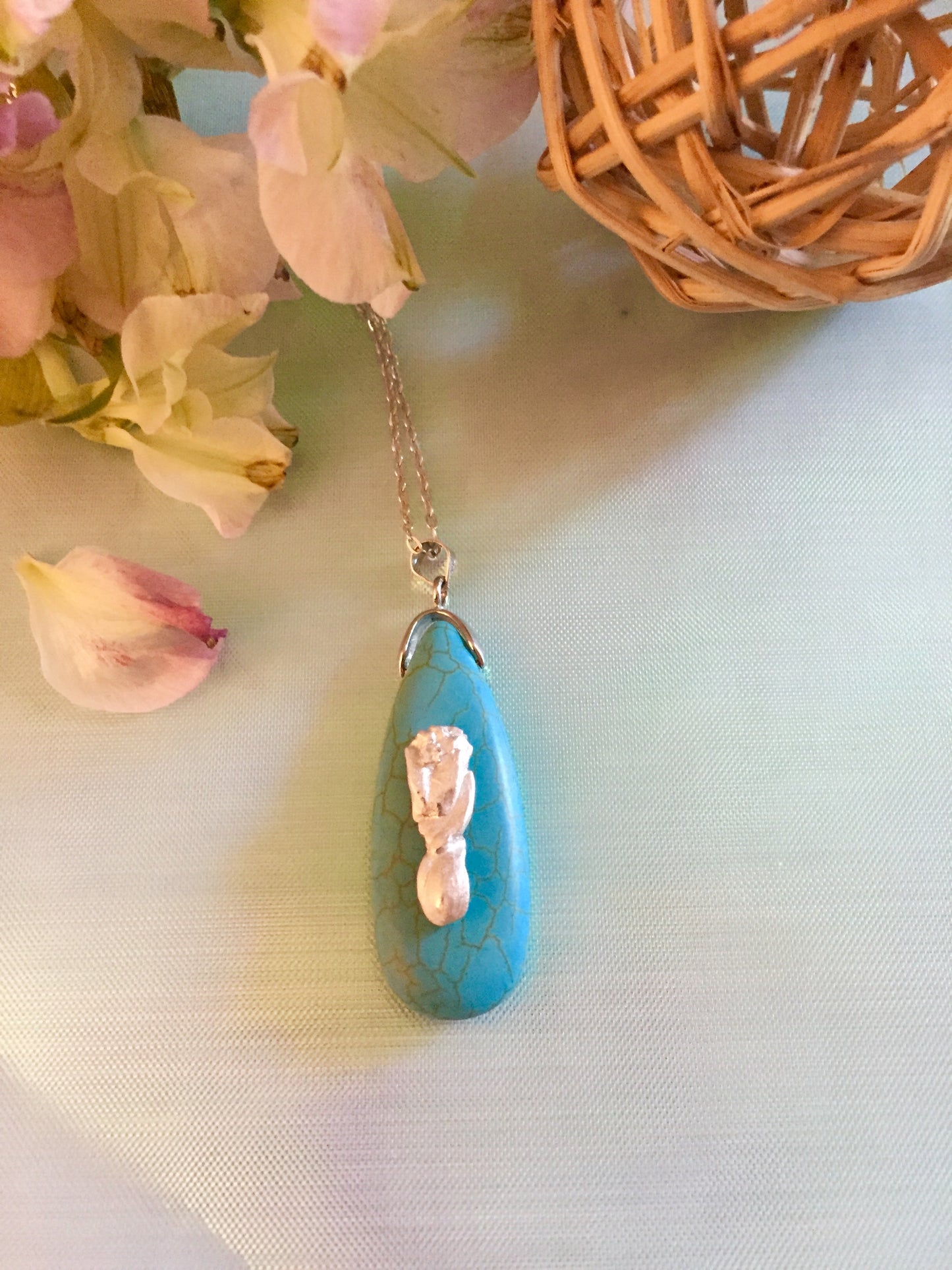 Silver Art Clay Tulip flower with Turquoise Necklace. Art Clay Silver Jewelry Handmade, Fine Silver, .999 Pure Silver.