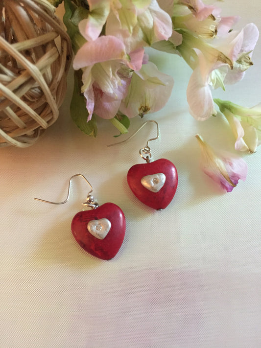 Silver Art Clay with heart shape Coral earrings, Art Clay Silver Jewelry Handmade, Fine Silver, .999 Pure Silver.