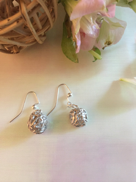 Mesh Snowball Drop and sphere-cube-earrings, Art Clay Silver Jewelry Handmade, Fine Silver, .999 Pure Silver.