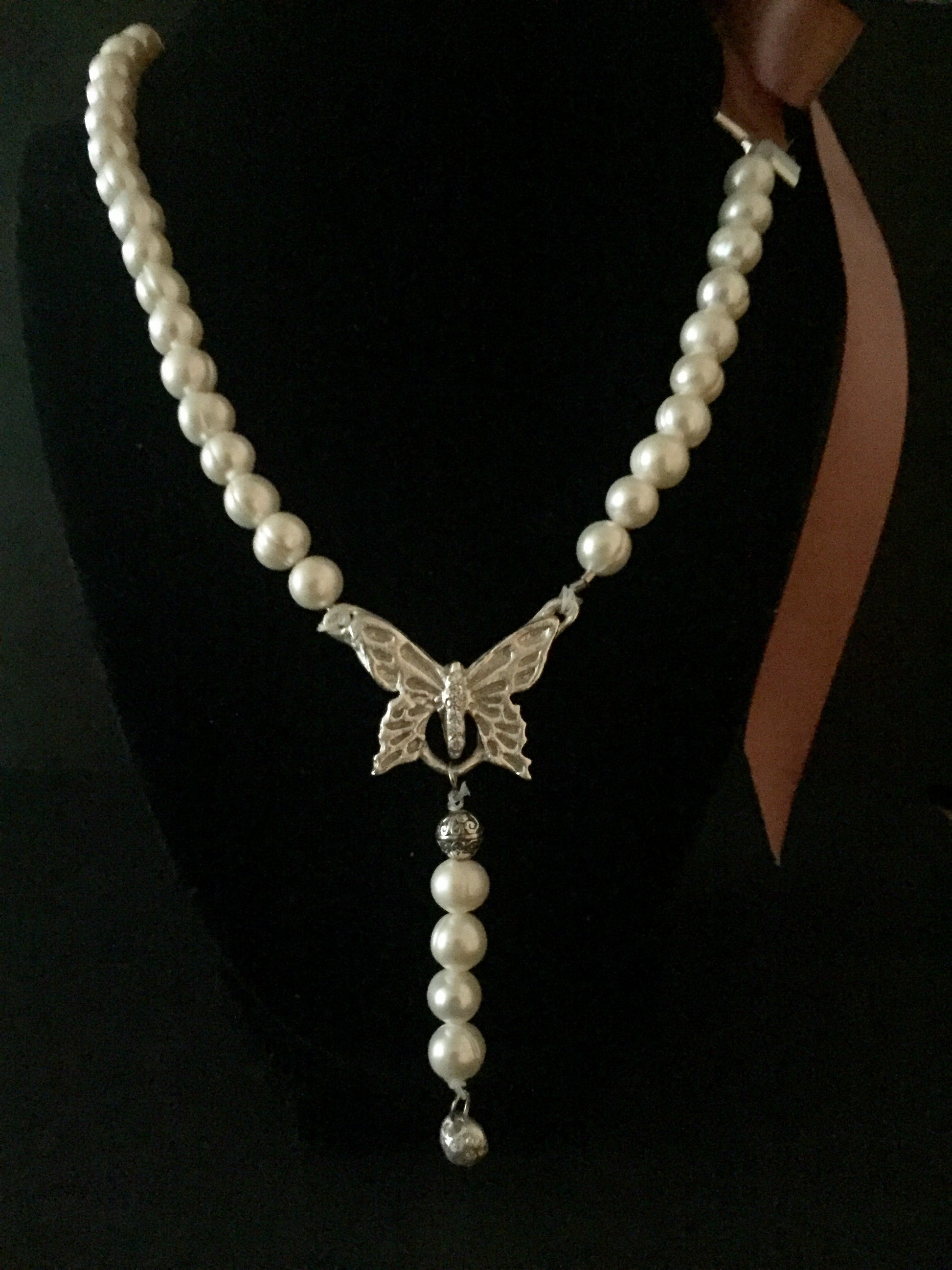 Butterfly Pendant with the Natural Freshwater pearl necklace, and the pink satin ribbon tie making the length adjustable. Art Clay Silver Jewelry Handmade, Fine Silver, .999 Pure Silver.