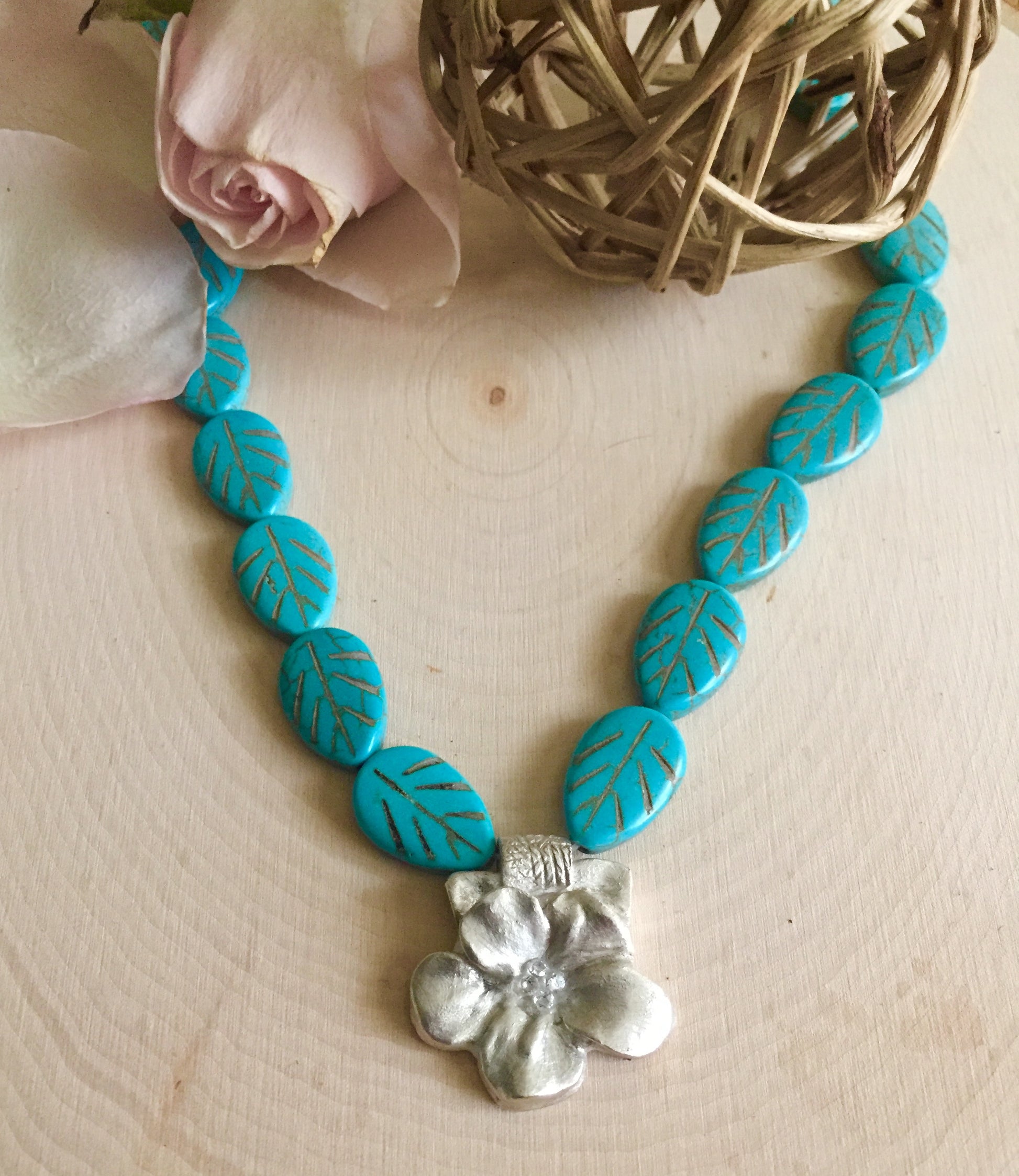 Silver flower with Turquoise Necklace. Art Clay Silver Jewelry Handmade, Fine Silver, .999 Pure Silver.