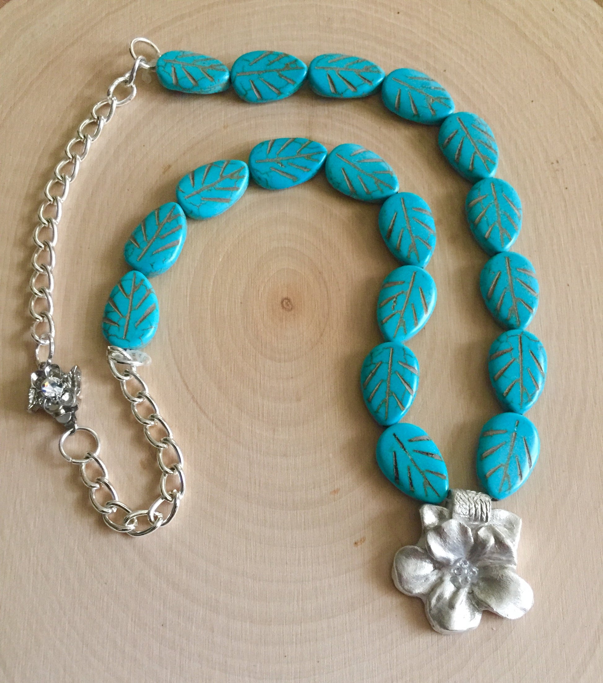 Silver flower with Turquoise Necklace. Art Clay Silver Jewelry Handmade, Fine Silver, .999 Pure Silver.