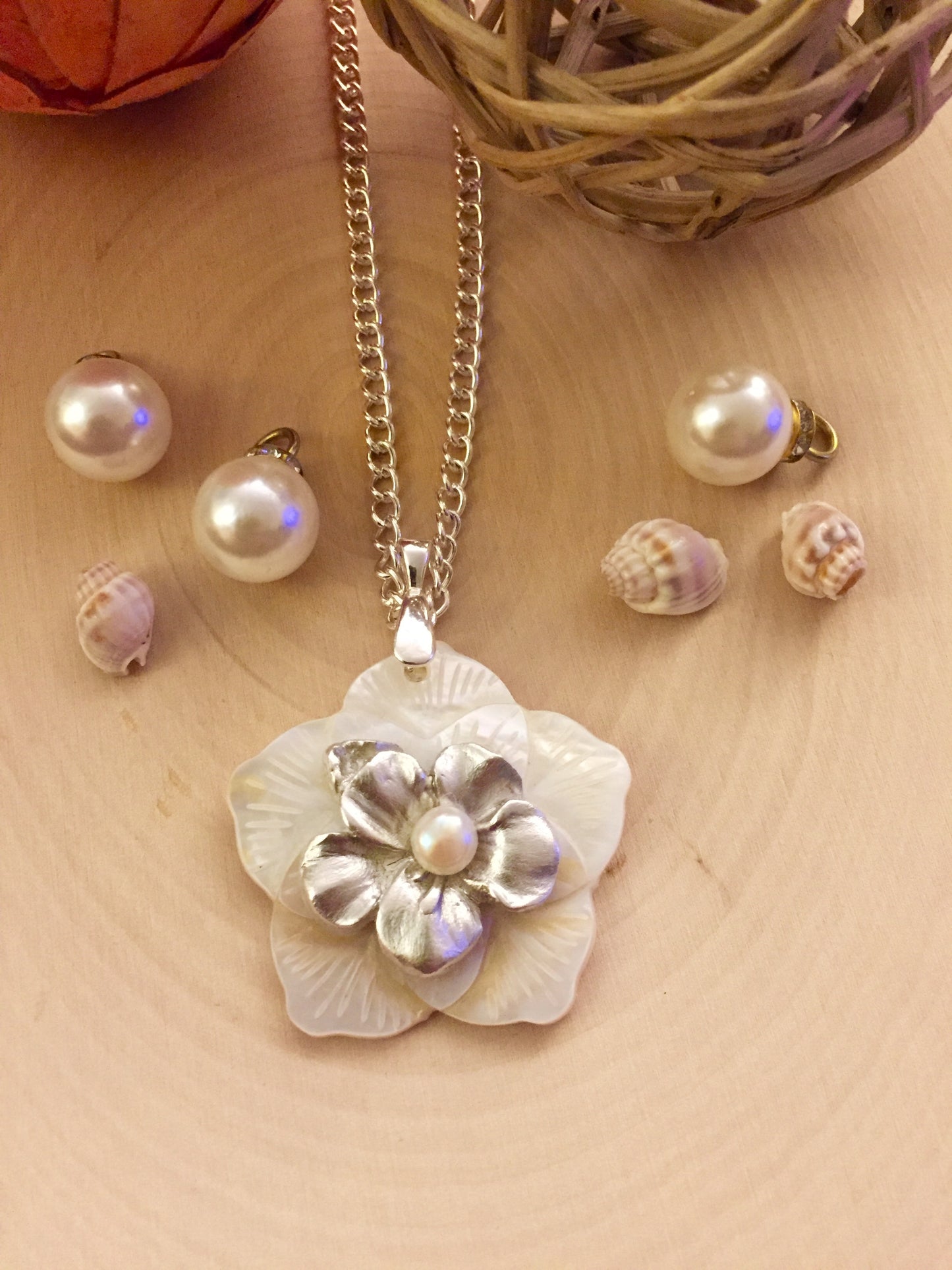 Silver with Natural Carved Flower Shell and pearl necklace. Art Clay Silver Jewelry Handmade, Fine Silver, .999 Pure Silver.