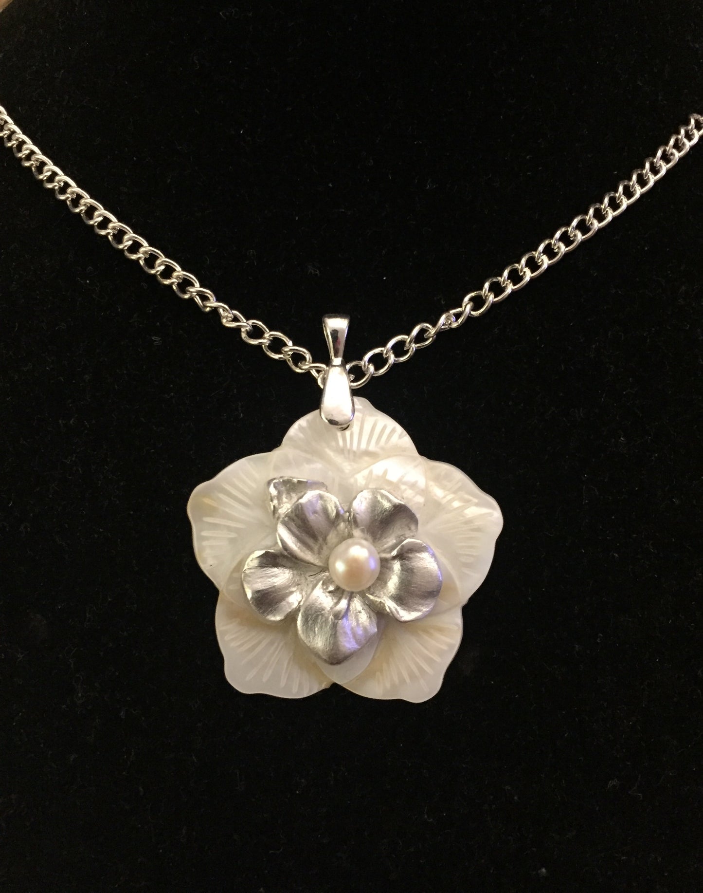 Silver with Natural Carved Flower Shell and pearl necklace. Art Clay Silver Jewelry Handmade, Fine Silver, .999 Pure Silver.