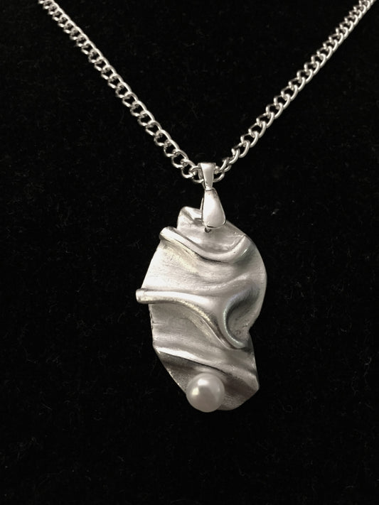 Fold formed Silver with Pearl Necklace, Art Clay Silver Jewelry Handmade, Fine Silver, .999 Pure Silver.