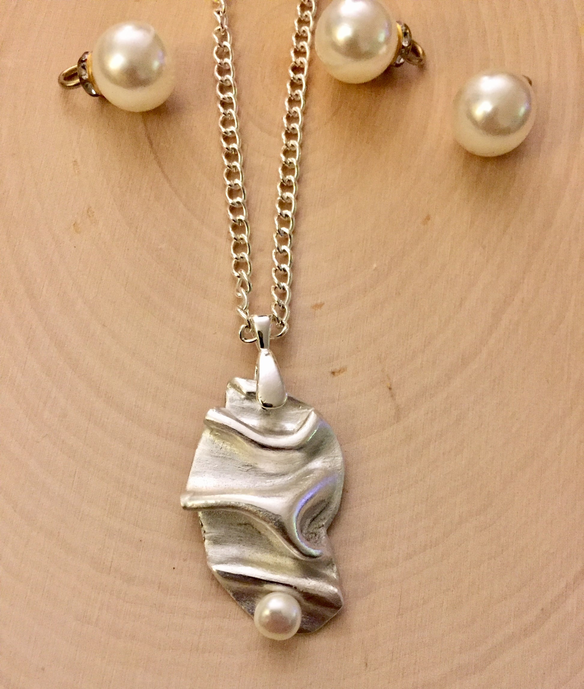 Fold formed Silver with Pearl Necklace, Art Clay Silver Jewelry Handmade, Fine Silver, .999 Pure Silver.