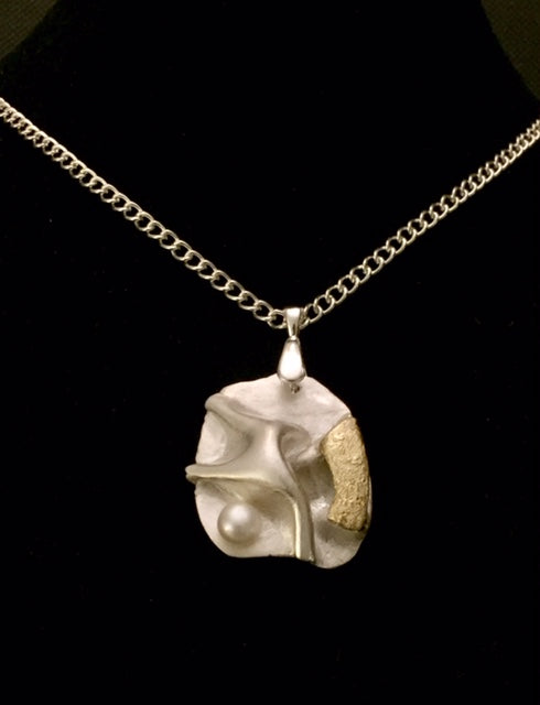 Keum-Boo Fold formed Silver with Pearl Necklace, Art Clay Silver Jewelry Handmade, Fine Silver, .999 Pure Silver with 24K gold sheet .