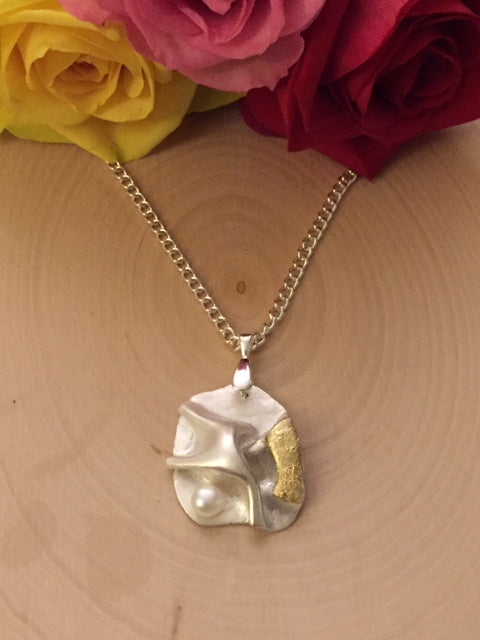 Keum-Boo Fold formed Silver with Pearl Necklace, Art Clay Silver Jewelry Handmade, Fine Silver, .999 Pure Silver with 24K gold sheet .