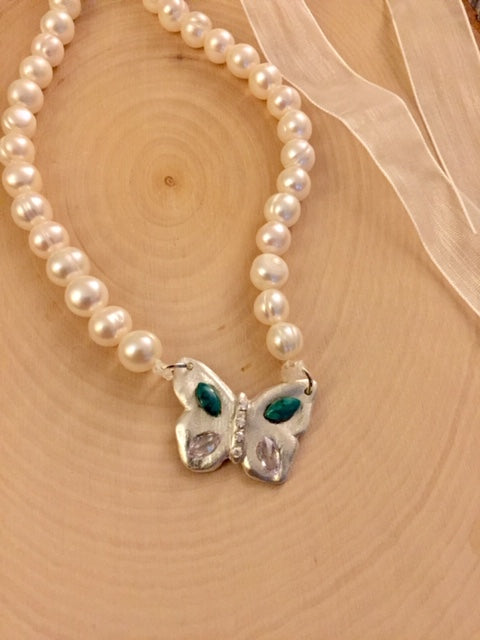 Silver Butterfly Necklace with pearl, Turquoise and ribbon.Butterfly Pendant with the Natural Freshwater pearl necklace, and the white satin ribbon tie making the length adjustable. Art Clay Silver Jewelry Handmade, Fine Silver, .999 Pure Silver.