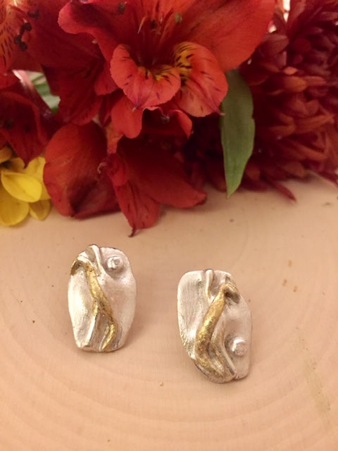 Keum-Boo (Silver &amp;Gold) stud earrings, Art Clay Silver Jewelry Handmade, Fine Silver, .999 Pure Silver with 24K gold sheet.