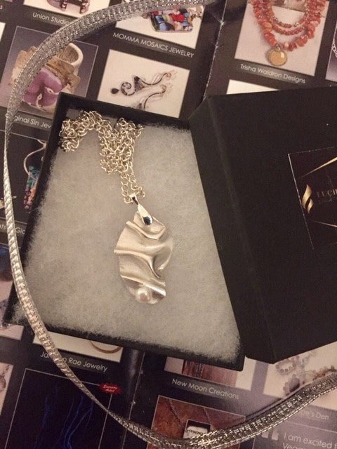 Fold formed Silver with Pearl Necklace, Art Clay Silver Jewelry Handmade, Fine Silver, .999 Pure Silver.