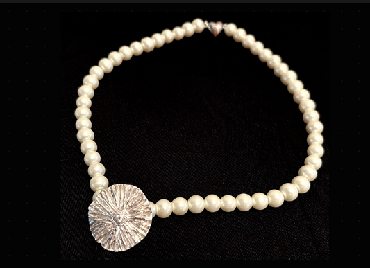 Silver Flower Pendant with the Natural Freshwater pearl necklace. Art Clay Silver Jewelry Handmade, Fine Silver, .999 Pure Silver.