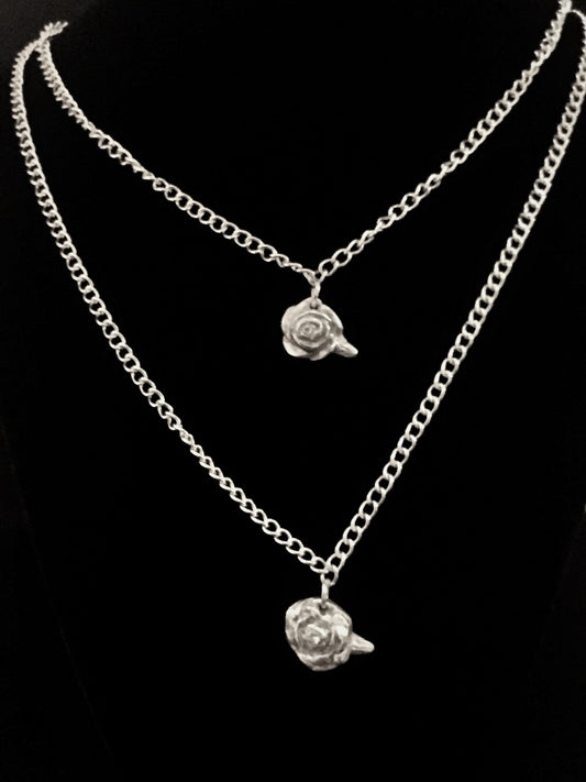 Belle Rose with double chain Necklace, Art Clay Silver Jewelry Handmade, Fine Silver, .999 Pure Silver.