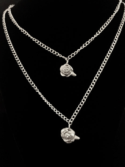 Belle Rose Necklace with double chain Necklace, Art Clay Silver Jewelry Handmade, Fine Silver, .999 Pure Silver.