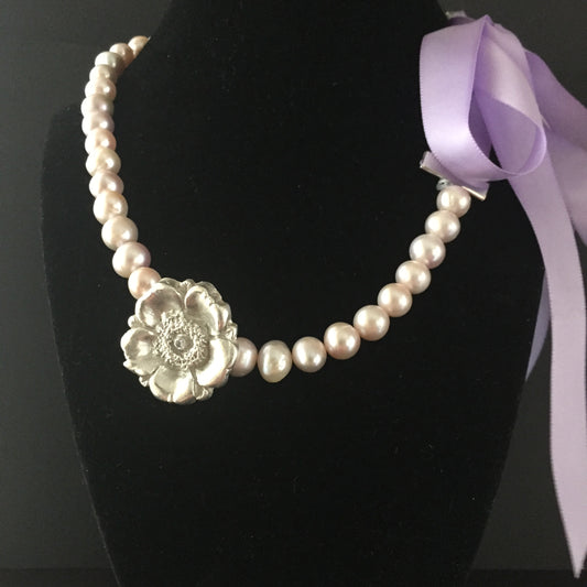 Silver Flower with pearl and ribbon necklace. Art Clay Silver Jewelry Handmade, Fine Silver, .999 Pure Silver.