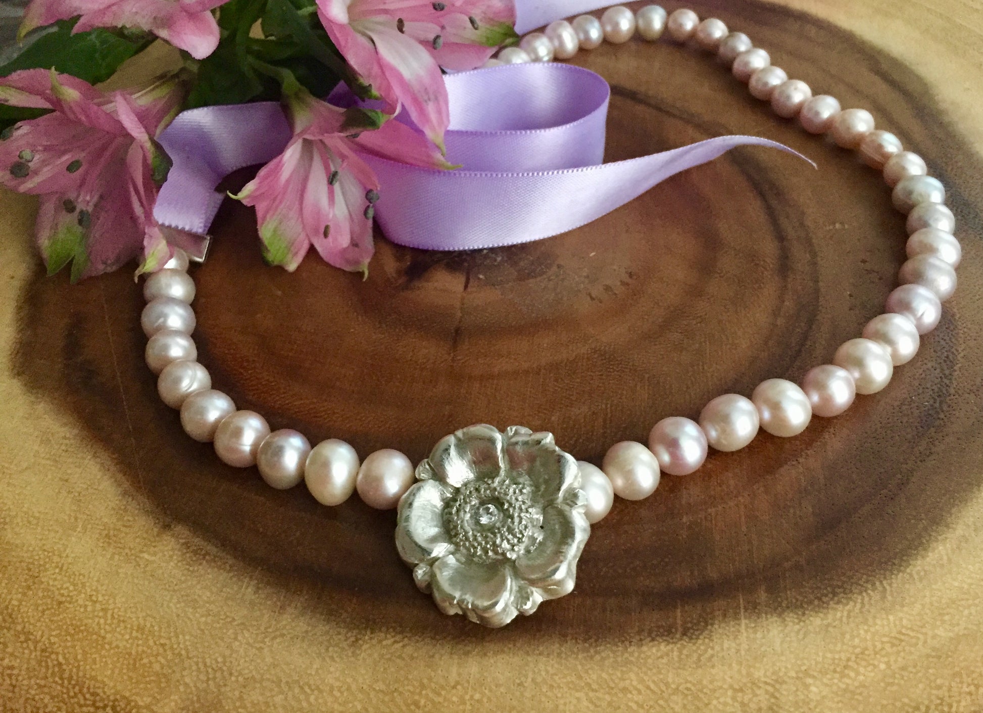 Silver Flower with pearl and ribbon