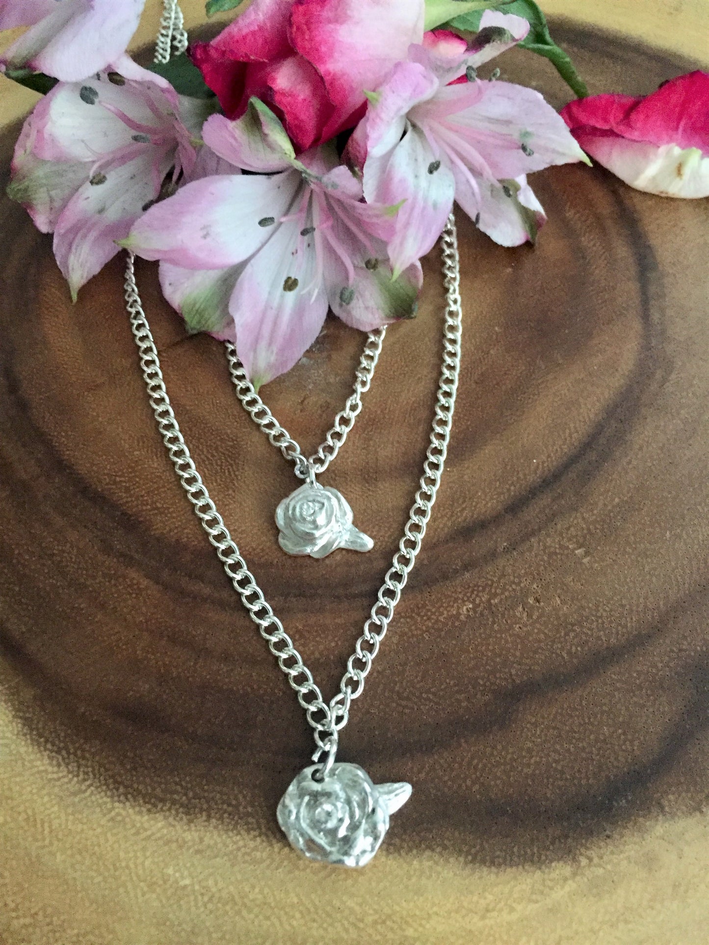 Belle Rose Necklace with double chain Necklace, Art Clay Silver Jewelry Handmade, Fine Silver, .999 Pure Silver.