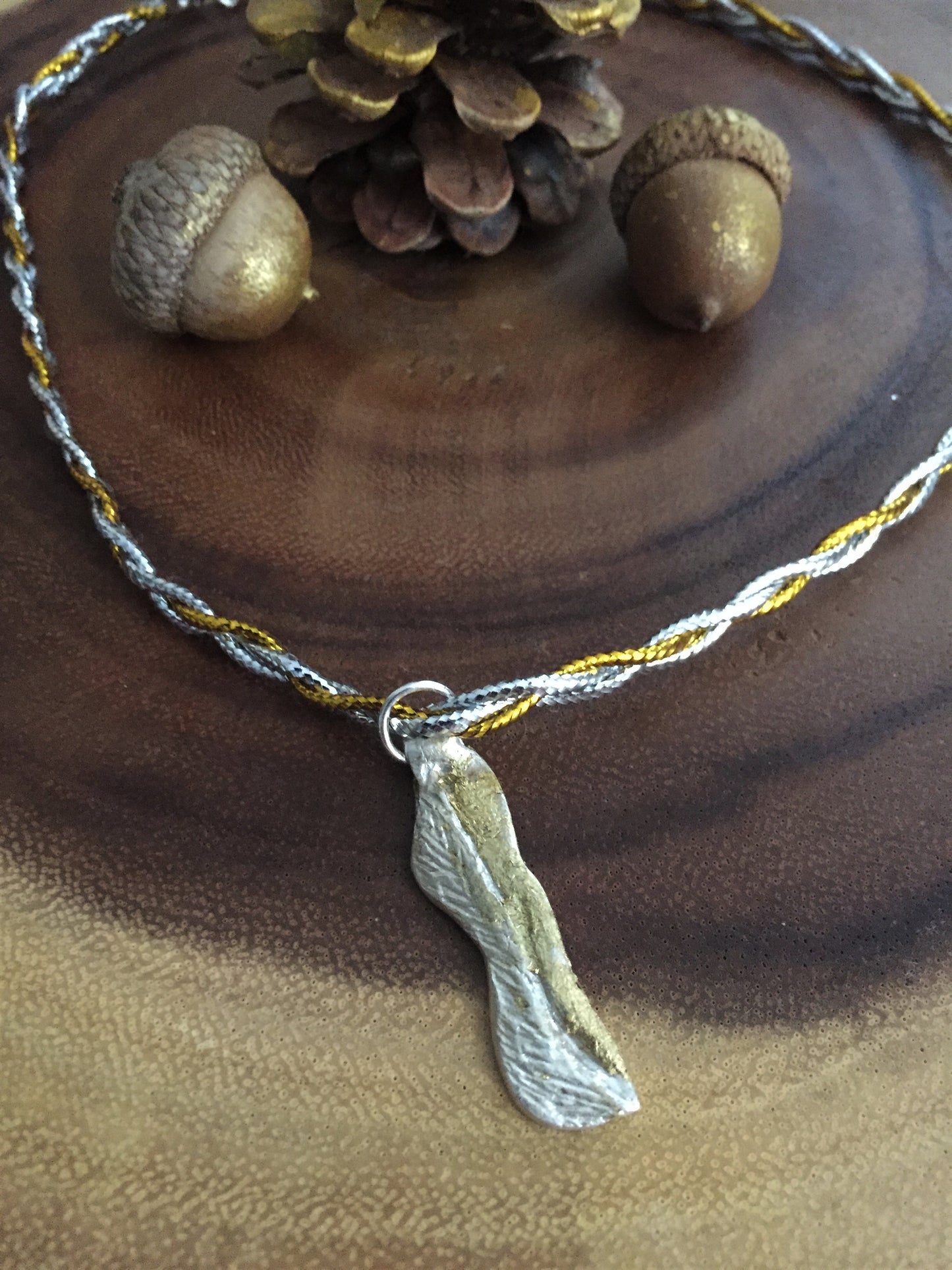 Keum-boo-silver-gold-leaf-necklace, Art Clay Silver Jewelry Handmade, Fine Silver, .999 Pure Silver with 24K gold sheet.