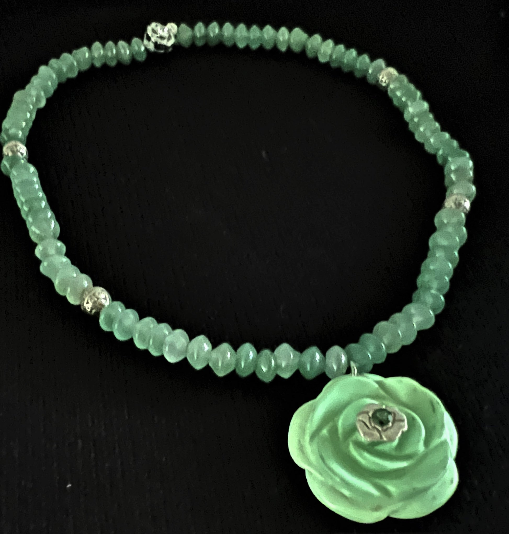 Silver Art Clay with Green Jade Rose Necklace. Art Clay Silver Jewelry Handmade, Fine Silver, .999 Pure Silver.