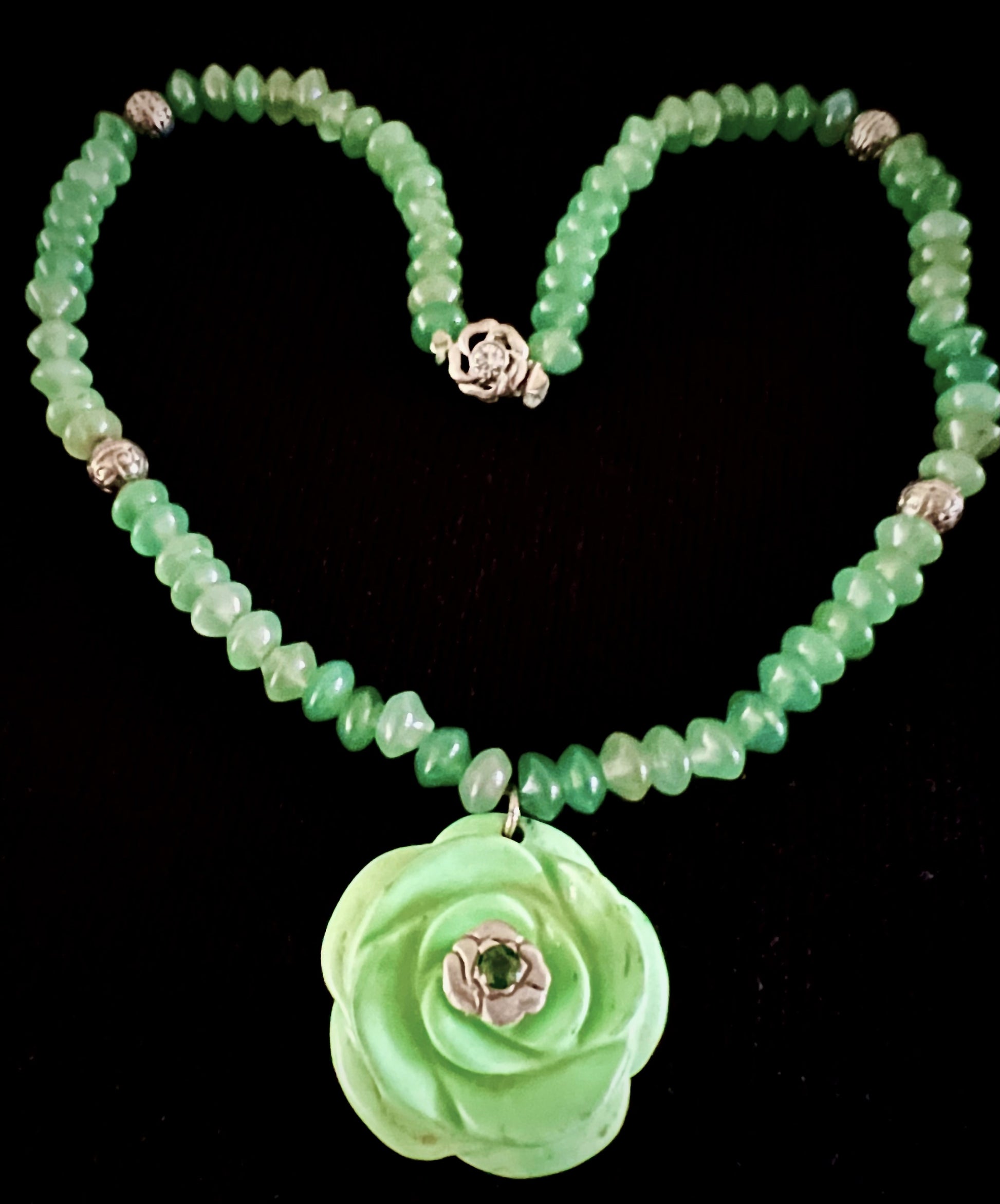 Silver Art Clay with Green Jade Rose Necklace. Art Clay Silver Jewelry Handmade, Fine Silver, .999 Pure Silver.