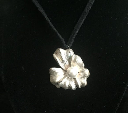 Silver Flower with pearl pendant. Art Clay Silver Jewelry Handmade, Fine Silver, .999 Pure Silver.